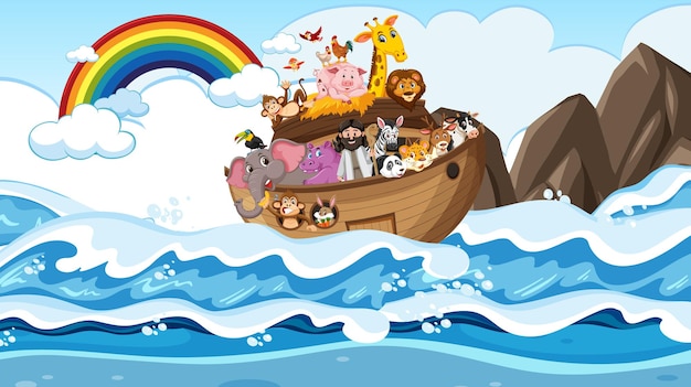 Ark van Noach met dieren in de oceaanscène