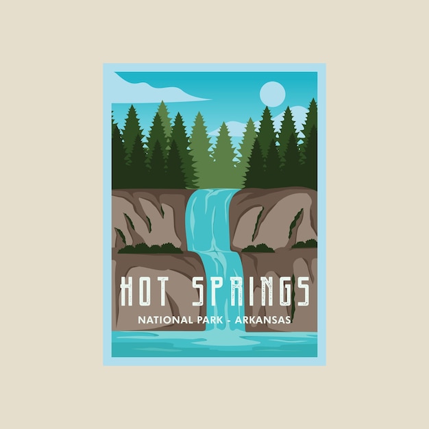 Poster delle sorgenti termali dell'arkansas modello di illustrazione vettoriale design grafico banner a cascata e cartello per la decorazione o un viaggio di vacanza d'affari