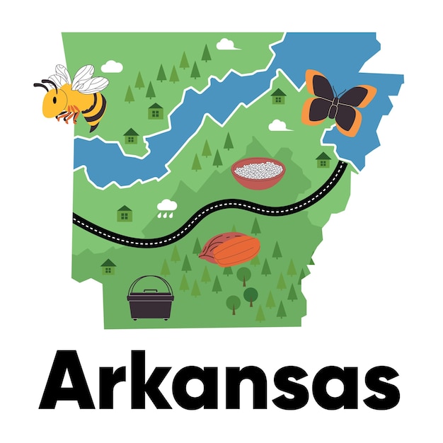 Vector arkansas states map shape with green forest natural animal and icon safari drawing illustration