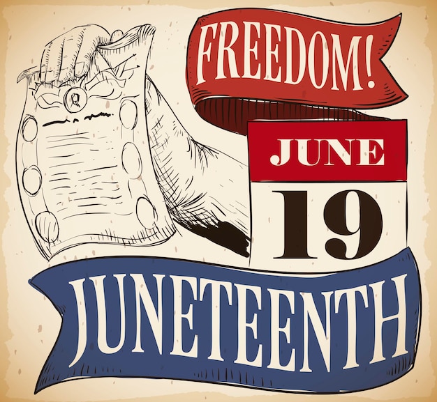 Juneteenth のお祝いの準備ができたリボンとカレンダーが付いた奴隷解放宣言を腕に持つ