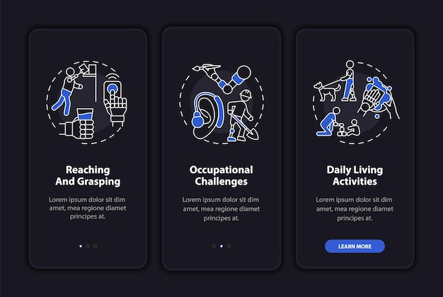 Arm prostheses tasks onboarding mobile app page screen with concepts