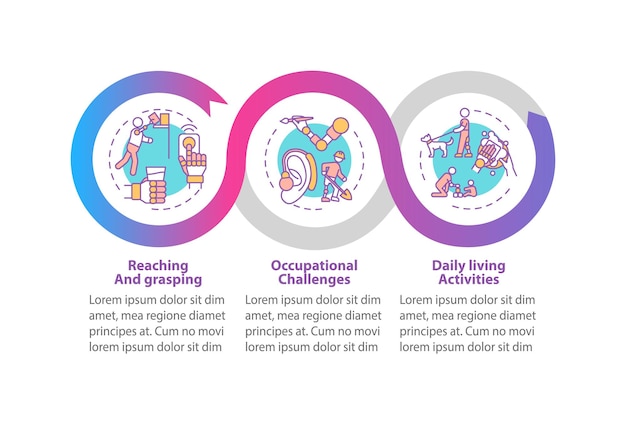 팔 보철 작업 벡터 infographic 템플릿입니다. 프레젠테이션 디자인 요소에 도달하고 파악합니다. 3단계로 데이터 시각화. 프로세스 타임라인 차트. 선형 아이콘이 있는 워크플로 레이아웃