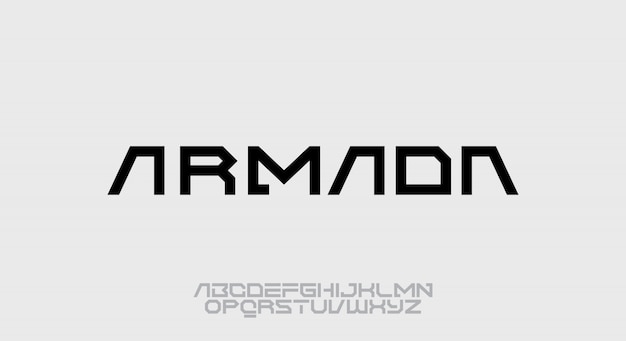 Armada, un design tipografico futuristico tagliente. carattere alfabeto con tema tecnologico. tipografia minimalista moderna