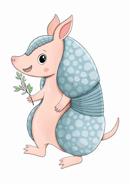 Armadillo with green flower cute vector illustration