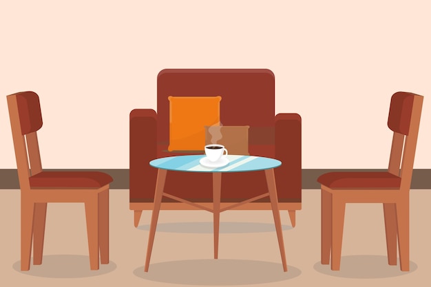 Vector armchair and chairs near the table with a cup of coffee at home or in a cafe