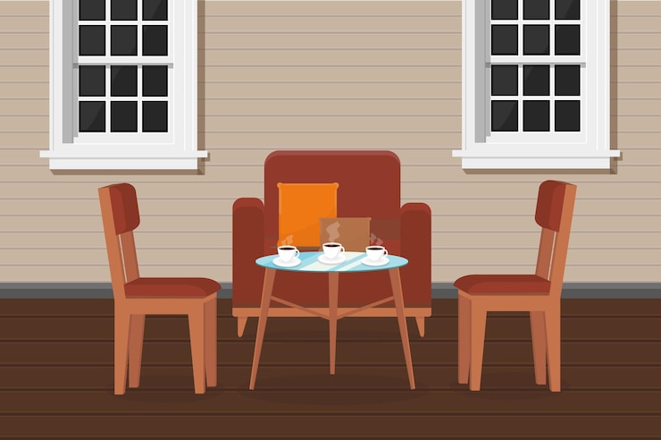 Vector armchair chairs and a table with coffee on the veranda of the house with windows terrace cafe