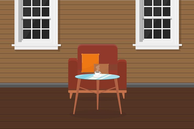 Vector armchair chairs and a table with coffee on the veranda of the house with windows terrace cafe