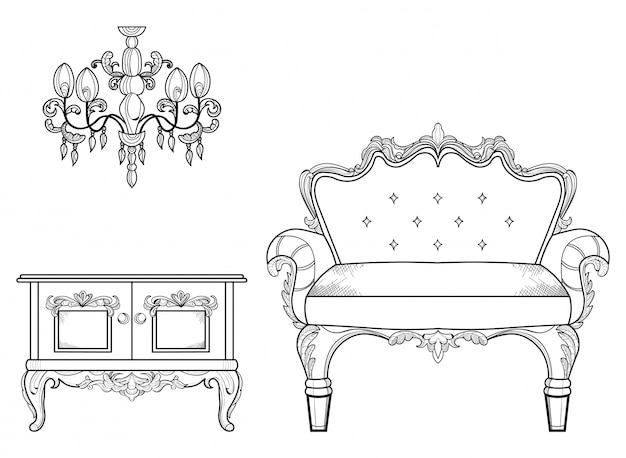 Armchair and dressing table with luxurious ornaments. Vector French Luxury rich intricate structure. Victorian Royal Style decor