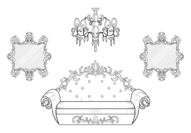 Vettore poltrona e cornici specchiate con ornamenti di lusso. vettore francese struttura ricca di lusso di intricato. decorazione di stile reale vittoriano