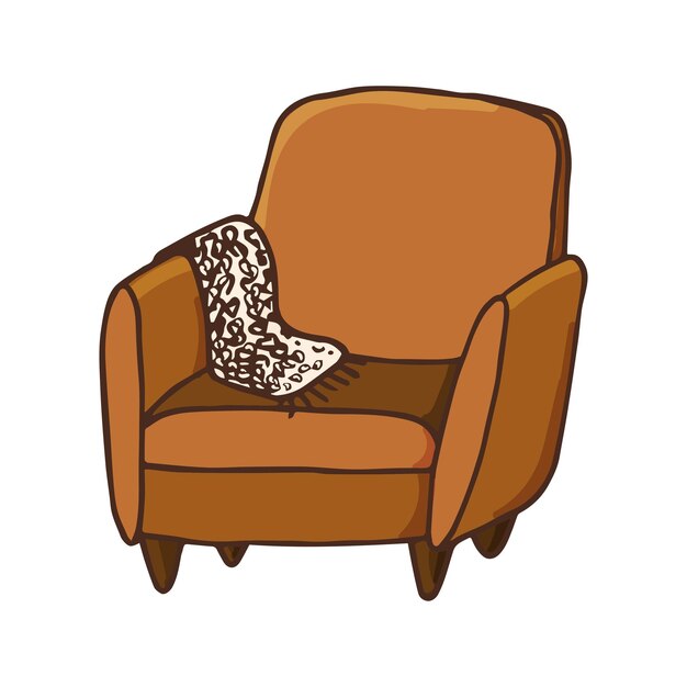 Armchair with a blanket Soncept cozy home morning mood Hand drawn vector illustration doodle style