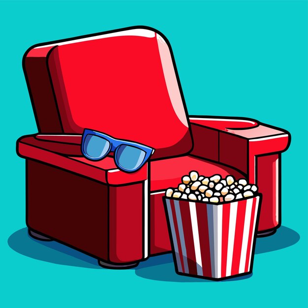 Vector armchair with soda popcorn and 3d glasses