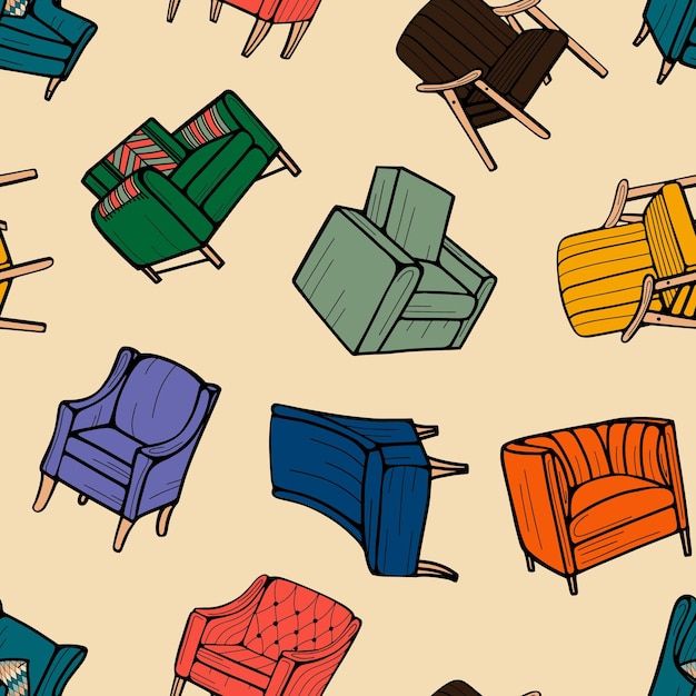 Armchairs and chairs in vintage style seamless pattern Handdrawn vector illustration