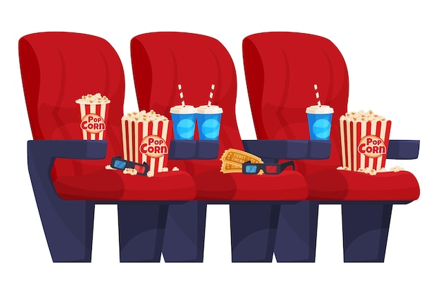 Vector armchairs in the cinema red comfortable chairs drinks and popcorn convenient movie viewing vector illustration