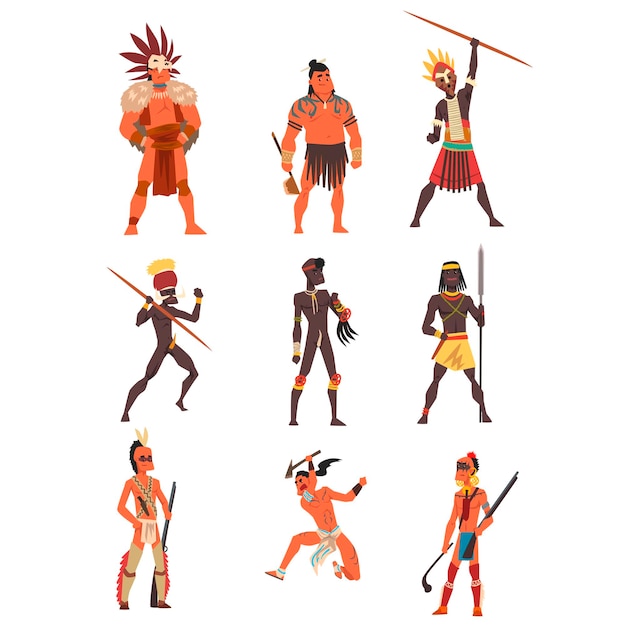 Armed native people of african tribes australian and american aboriginal set tribe members in traditional clothing vector illustrations isolated on a white background