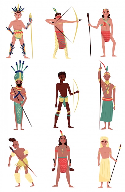 武装したネイティブの人々セット、アメリカンインディアン、アフリカの部族のメンバー、オーストラリアのアボリジニのキャラクターイラスト白い背景の上