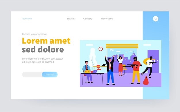 Vector armed robbers taking hostages and robbing office. criminals in balaclavas aiming guns, carrying bags flat vector illustration. robbery, crime concept for banner, website design or landing web page