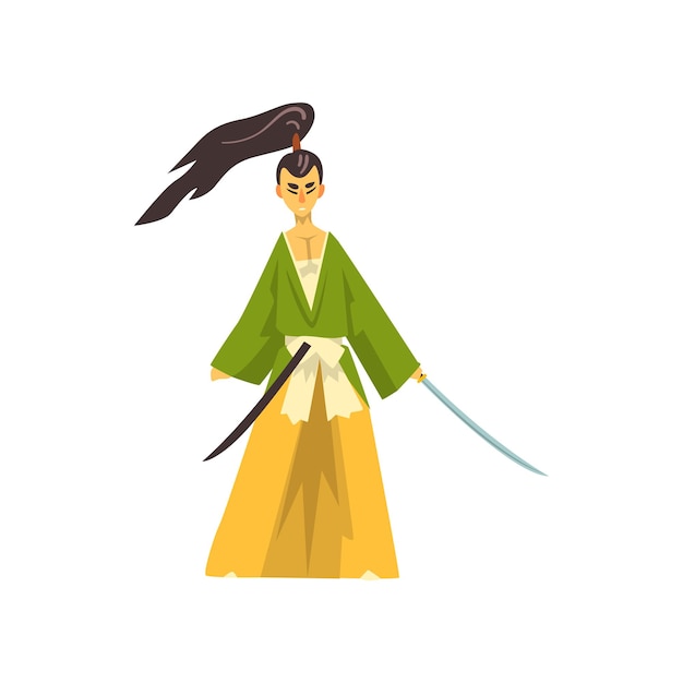 Armed Samurai cartoon character Japanese warrior in traditional clothes vector Illustration isolated on a white background