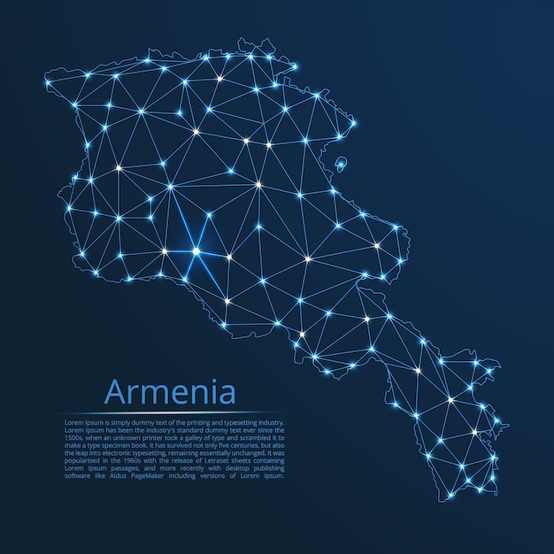 Карта сети связи Армении Векторное низкополигональное изображение глобальной карты с огнями