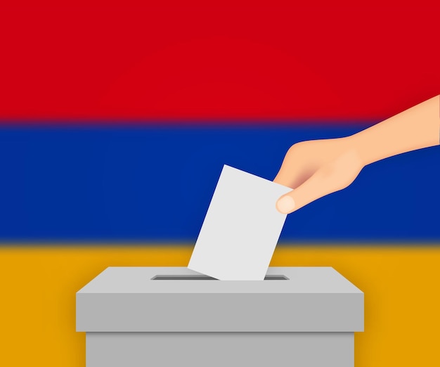 Sfondo del banner elettorale dell'armenia urna con bandiera sfocata modello per il tuo design
