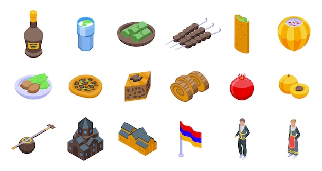 Armenia icons set isometric vector Yerevan tourism