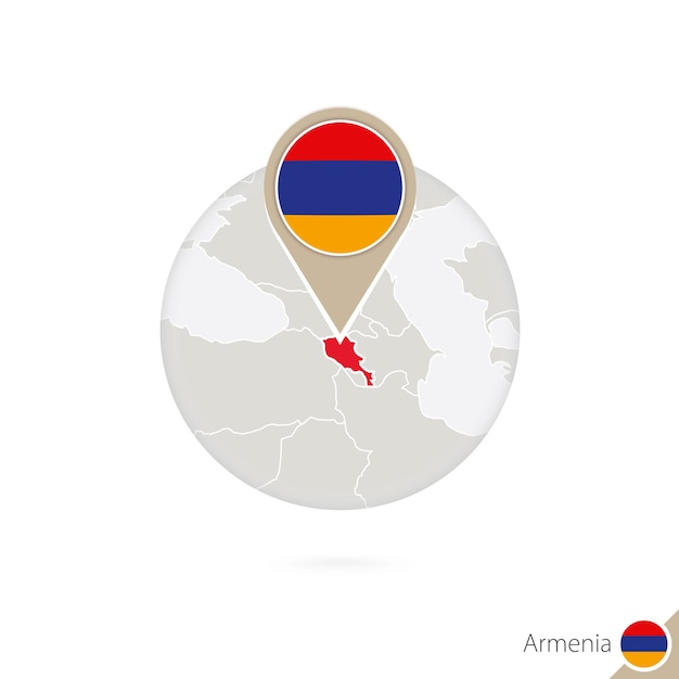 アルメニアの地図と円の旗。アルメニアの地図、アルメニアの旗のピン。地球のスタイルでアルメニアの地図。ベクトルイラスト。