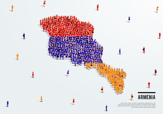 アルメニアの地図と国旗。地図を作成するためのアルメニアの旗の色の形をした大勢の人々。ベクター