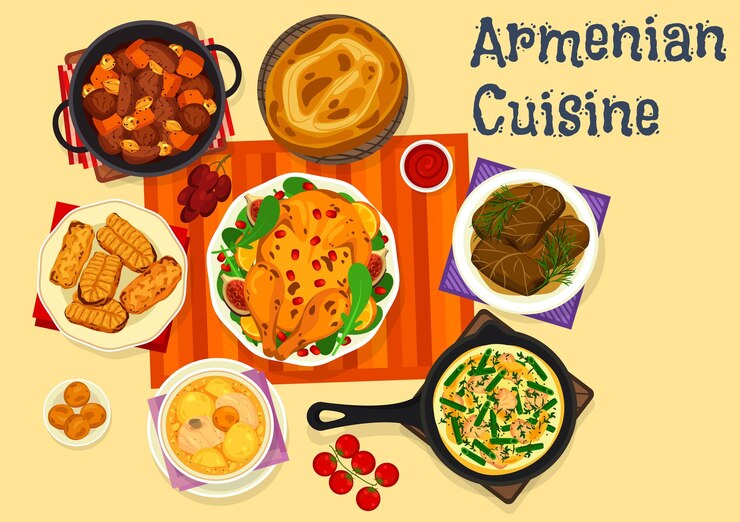 Vector armenian cuisine icon of meat dinner with dessert