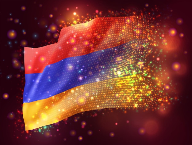 Armenië, vector 3d vlag op roze paarse achtergrond met verlichting en fakkels