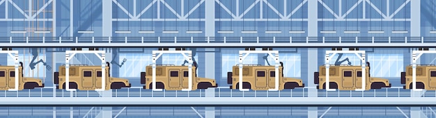 Vector armoured personnel carrier apc on assembly conveyor line with robot arms special battle transport military equipment production concept horizontal vector illustration