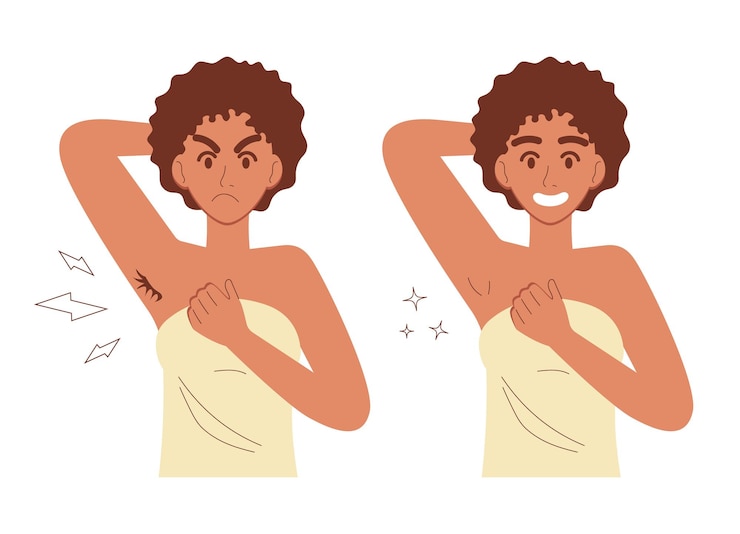 Vector armpit hair removal before and after cute black woman body care vector illustration isolated