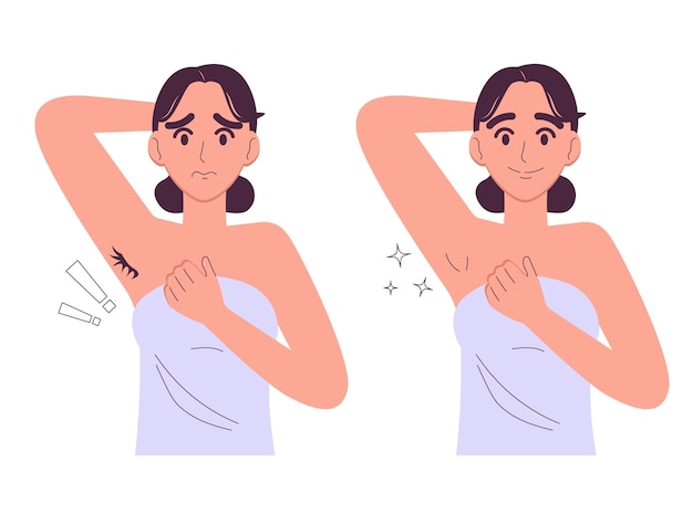 腕毛の除毛の前と後の可愛い女性のボディケア ベクトルイラストを分離した