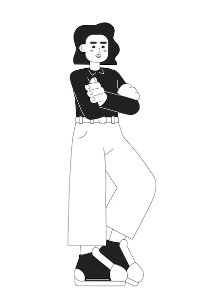 Arms crossed young adult woman monochromatic flat vector character