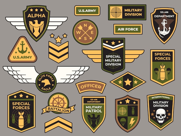 Vector army badges. military patch, air force captain sign and paratrooper insignia badge  patches set