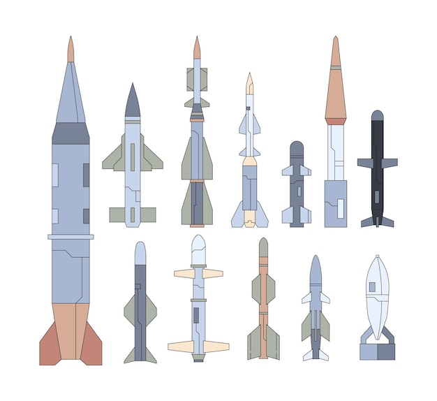 Army guided flying weapon flat s set. nuclear missiles collection. targeting warheads, atomic rockets. war shell munition pack.