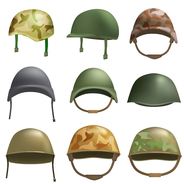 Vettore set di mockup di cappello militare soldato casco dell'esercito. un'illustrazione piana di 9 modelli militari di vettore del cappello del soldato del casco dell'esercito per il web