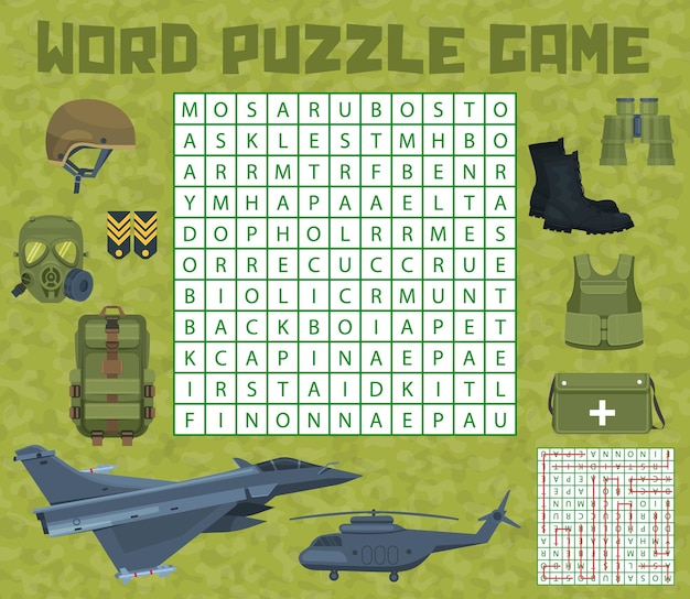 Gioco di puzzle di ricerca di parole di munizioni militari dell'esercito