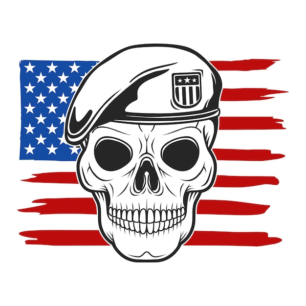 Vector army skull usa. flag of america. veteran soldier with beret. cut design vector silhouette,