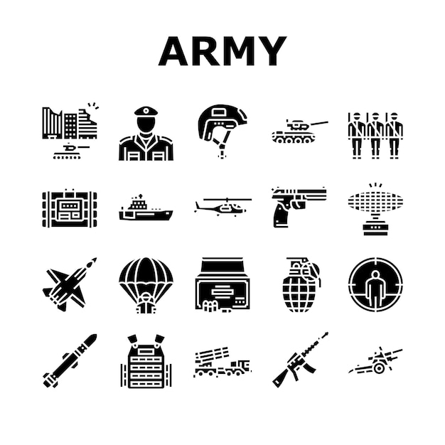 Vector army soldier and war technics icons set vector