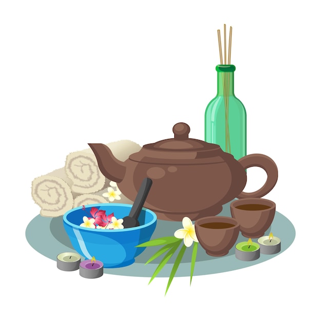 aroma and beauty concept  collection of blue bowl with flowers and special spoon, brown teapot with round cups, green transparent bottle with sticks inside, white soft towels and round candles
