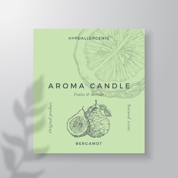 Aroma candle vector label template Bergamot citrus scent from local purveyors advert design Ink style sketch background layout decor Natural smell product package text space