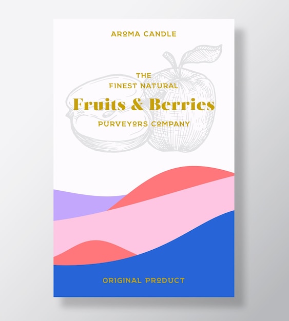 Aroma candle vector label template Fruits and berries scent from local purveyors advert design Ink apples sketch background layout with abstract waves decor Natural smell product package text space
