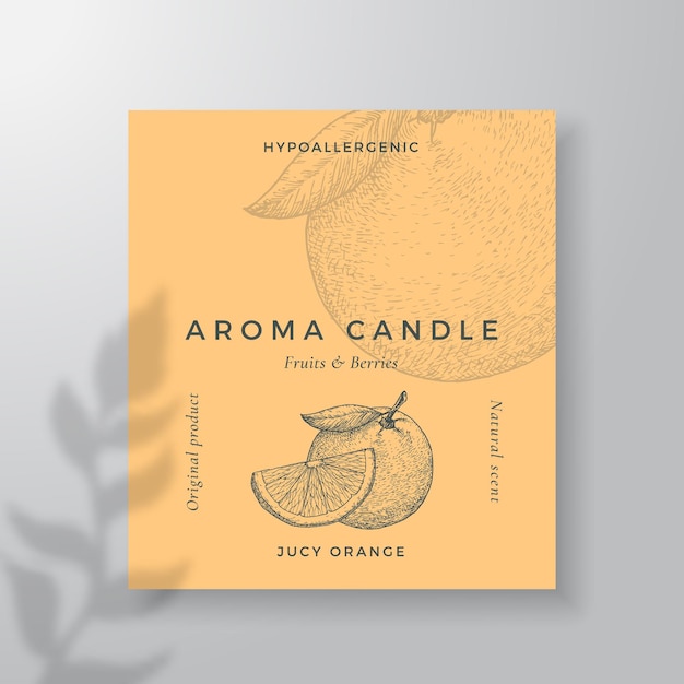 Aroma candle vector label template Orange citrus scent from local purveyors advert design Ink style sketch background layout decor Natural smell product package text space