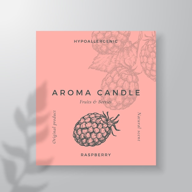 Aroma candle vector label template Raspberry berry scent from local purveyors advert design Ink style sketch background layout decor Natural smell product package text space