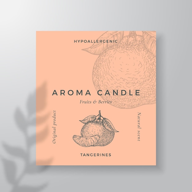 Vector aroma candle vector label template tangerine scent from local purveyors advert design ink style sketch background layout decor natural smell product package text space