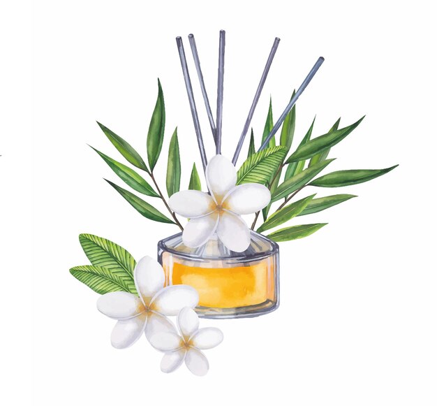 Aroma diffuser in a glass round bottle an isolated object from a large set of plumeria spa