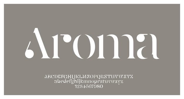 「アロマ」エレガントで素晴らしいアルファベットのフォントと数字。クラシックなレタリングの最小限のファッションデザイン。タイポグラフィフォントは通常大文字と小文字です。