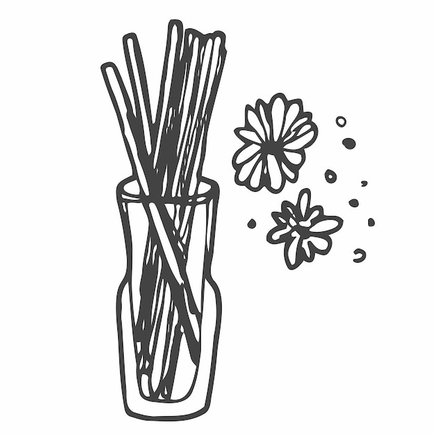 Aroma reed diffuser and flowers icon doodle illustration in vector. Spa aroma sticks
