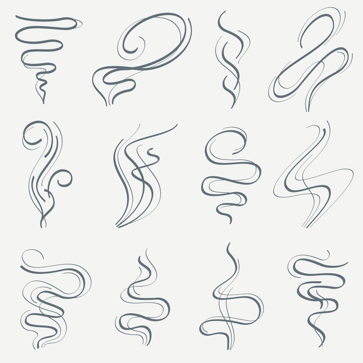 Vector aroma and smoke line stream, smell linear trails  set