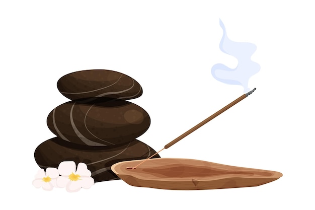 Aroma stick on wooden incense burner with smoke, massage stones tower in cartoon style