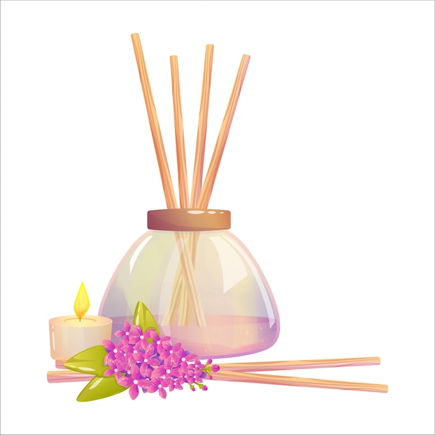 Aromatherapie met houten stokken lila bloem en kaars geurige stokken voor ontspanning, meditatie en gezondheid lavendelolie in een geurfles cartoon vectorillustratie